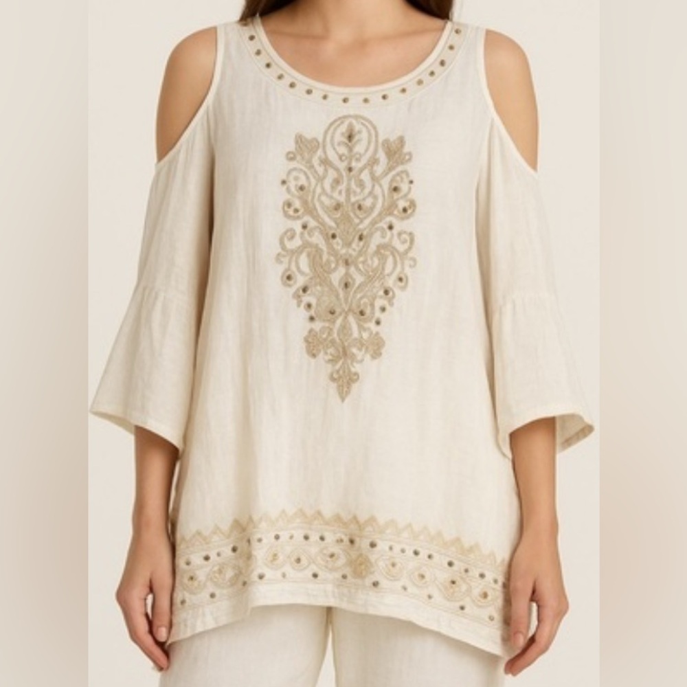 Chico's White Embroidered Cold Shoulder Blouse. India